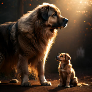 Ein großer Hund steht einem sehr kleinen Hund gegenüber und schaut auf ihn herab